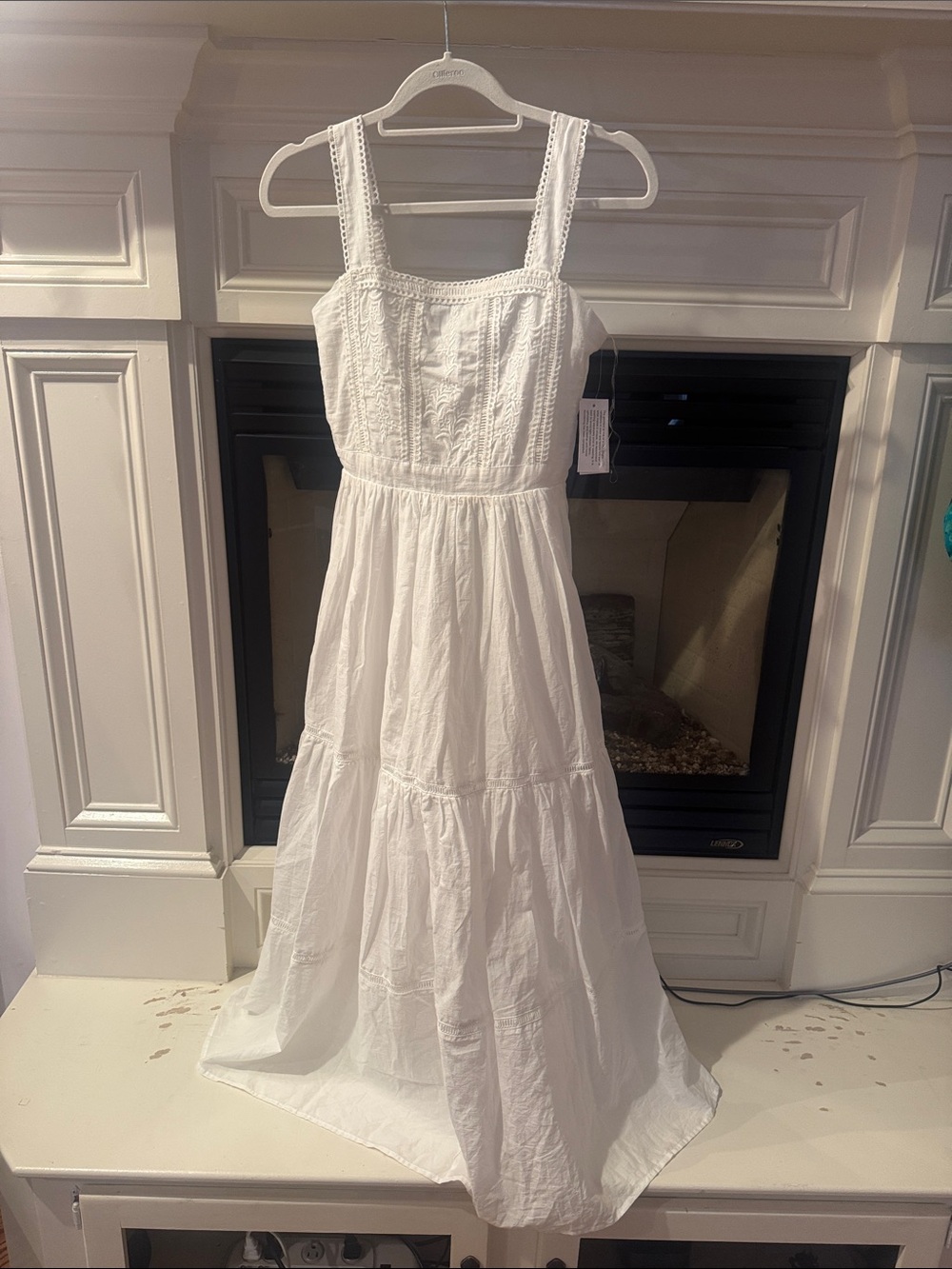 White Cotton Eyelet Tiered Maxi Dress with Square Neck
